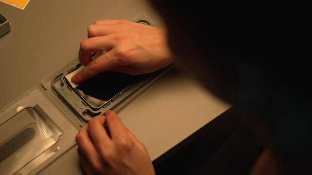 Top view from shoulder of technician female cleaning smartphone screen with wet wipe, preparing for installation of new glass screen protector in professional repair shop, close-up, slow motion.