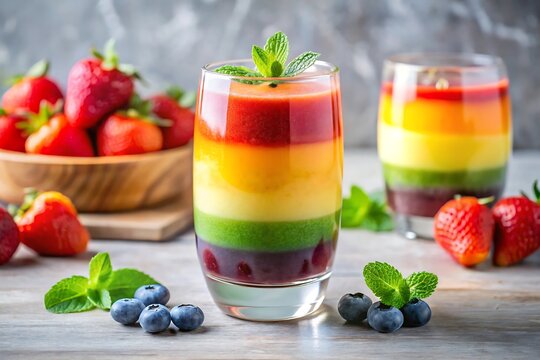 Colorful layered smoothie in glasses with fresh strawberries blueberries and mint garnish on table