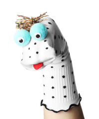 Cute sock puppet for show on hand against white background