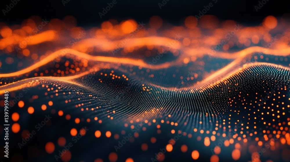 Poster abstract glowing particle wave pattern with dynamic orange lights representing network data or modern energy visualization background