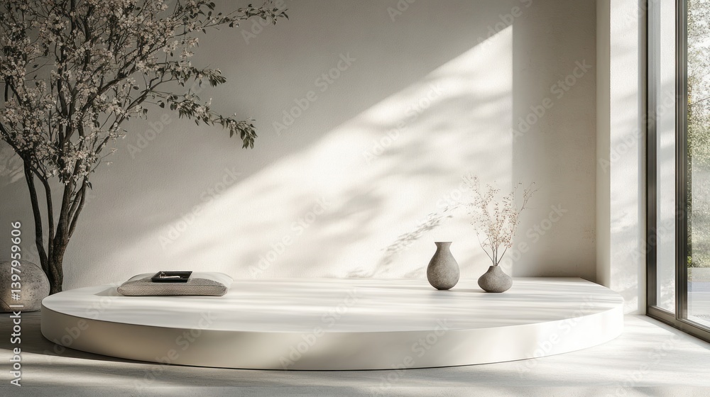 Poster serene and minimalist interior showcase a circular platform with decorative elements bathed in soft 