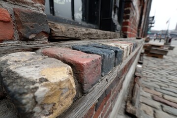 Close-up of weathered bricks, rustic textures highlighting historic architecture, inviting urban exploration, rich in character.