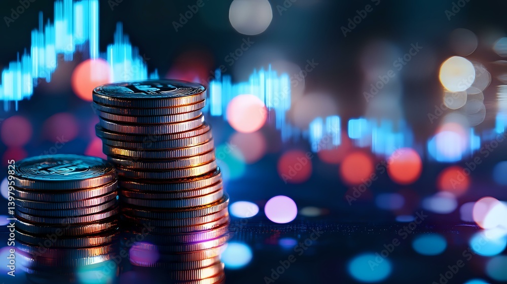 Poster stacked coins against blurred trading chart background with blue and red bokeh lights, representing 