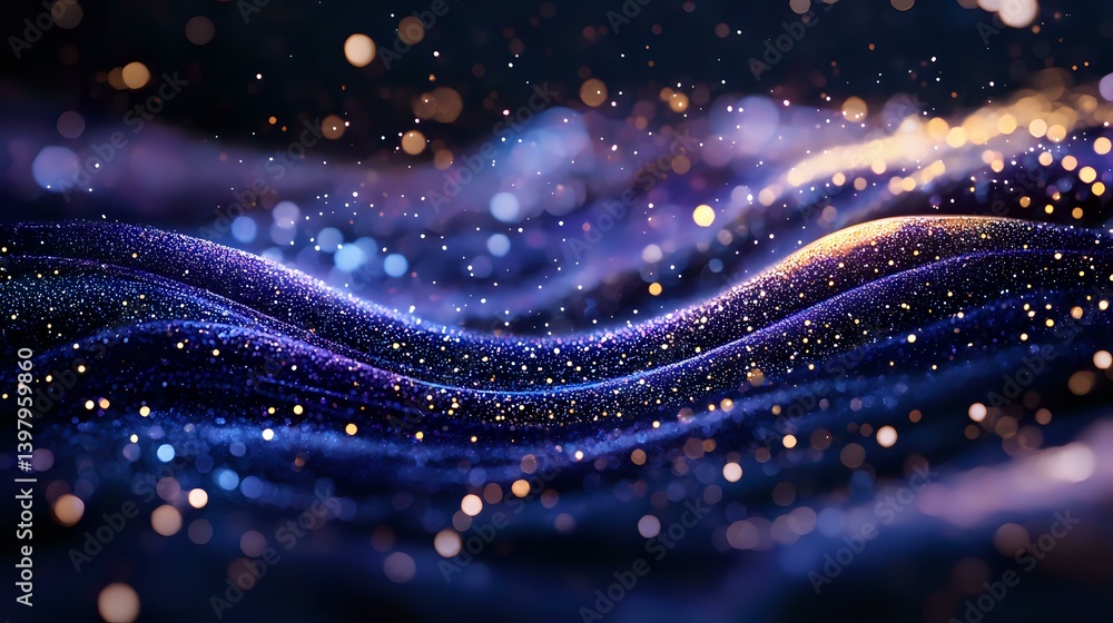 Poster magical glowing waves with sparkling particles in deep blue and purple colors create dreamy abstract
