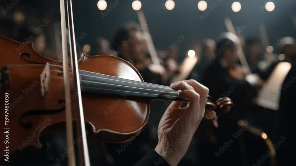 Poster symphony orchestra performance with violins being played generative ai