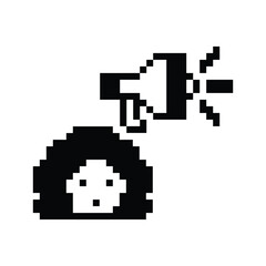 Cute pixel cartoon character woman with megaphone announcement speaker information announce decoration 8 bit female girl lady megaphone cartoon pixel game png vector.