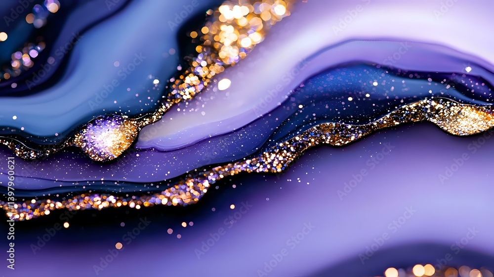 Poster luxurious purple and gold abstract fluid art with glitter effect. flowing waves of deep violet and n