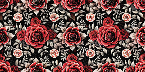Vibrant floral pattern featuring red and white roses on a dark background.