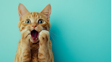 Photograph of a ginger cat with a shocked expression, mouth open and paws on its face, against a pastel blue background