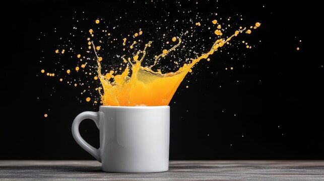 Juice splashes dramatically from a white coffee cup against a dark background, capturing the moment of action and evoking feelings of freshness and liveliness.