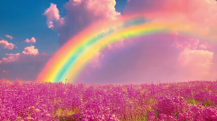 Vibrant rainbow over a lush pink flower field, creating a dreamy atmosphere.