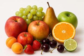 Fresh and Colorful Assortment of Ripe Fruits: Apples, Pears, Oranges, Lime, Grapes, Cherries, Strawberries, and Apricots for Healthy Eating and Vibrant Still Life Photography