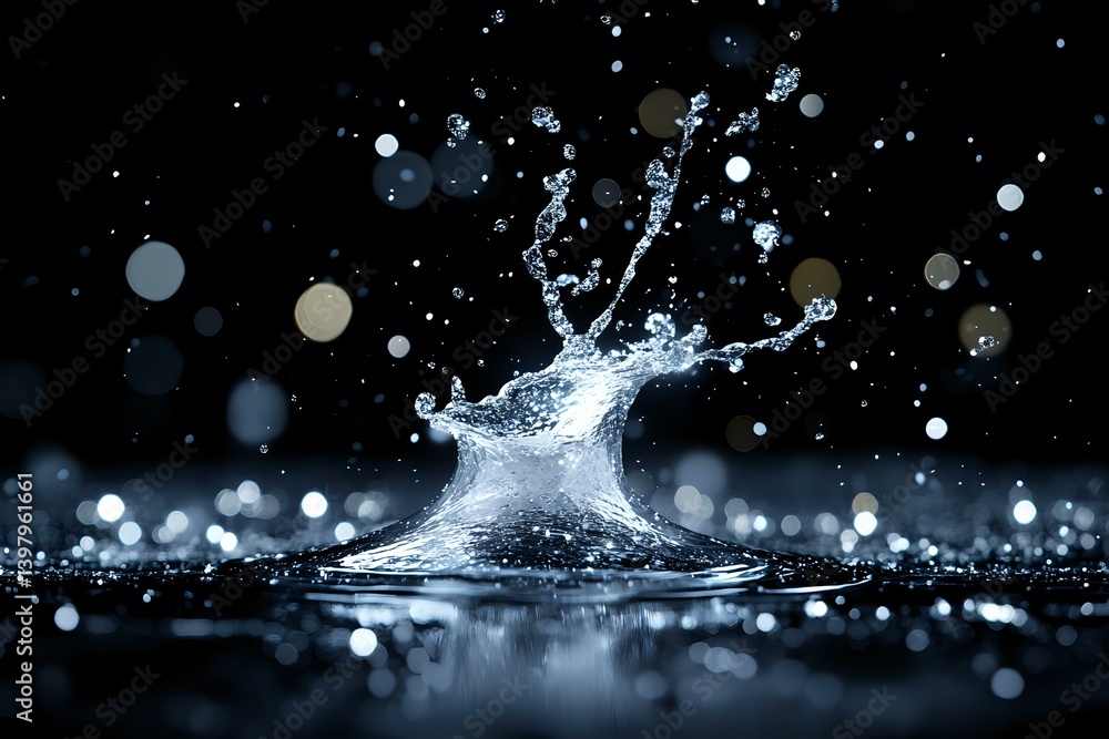 Poster dynamic water splash captured in dark setting with bokeh light effects and droplets creating artisti