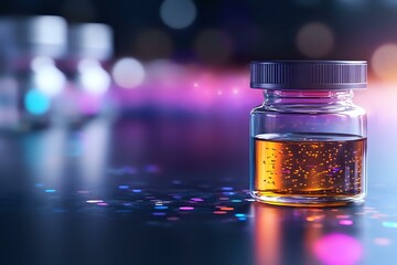Glass jar with amber liquid on reflective surface against blurred colorful bokeh background, creating modern scientific laboratory atmosphere.