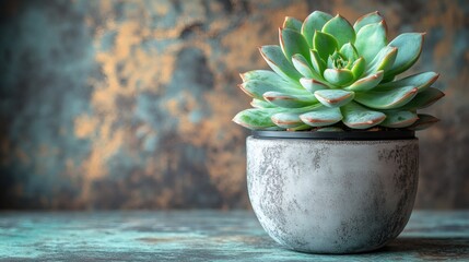 Minimalist workspace setup with a silver laptop, black coffee cup, and green succulent in a white pot, neutral wall background 