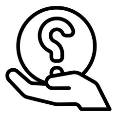 Question bubble in hand line icon, family psychology concept. Vector graphics. Mark in hand, asking sign on white background, style mobile or design.
