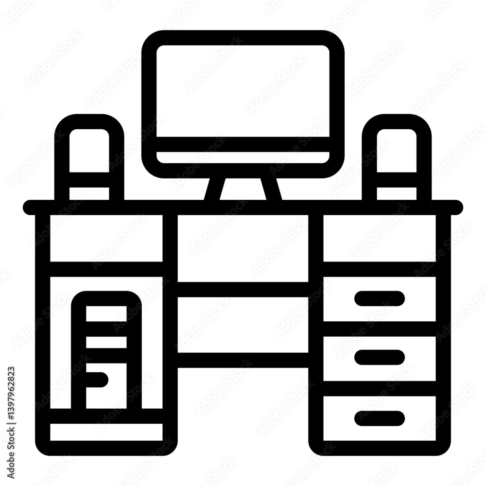 Aufkleber computer desk with system unit and monitor line icon, house and interior concept. vector graphics. w