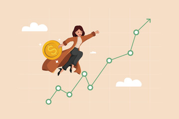 Business Female Soaring Above a Rising Graph with a Gold Coin in Hand, Representing Investment Growth and Market Triumph.