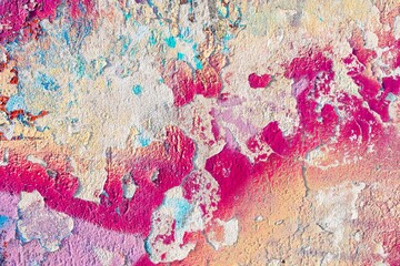 Grunge abstract wall texture in neon pink, faded blue, orange. Corroded look, 80s style, vibrant...