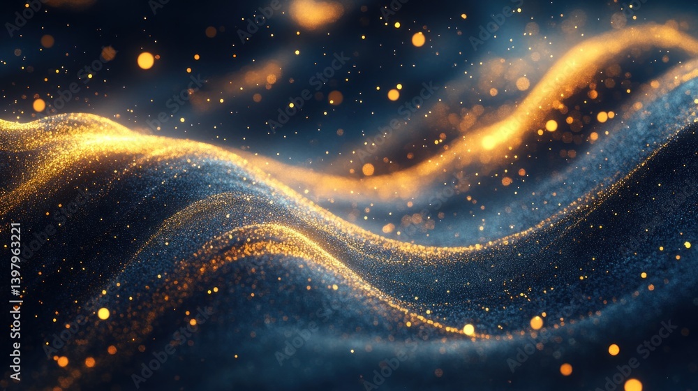Poster ethereal luminescence a captivating display of gold particles dancing across deep blue waves creatin