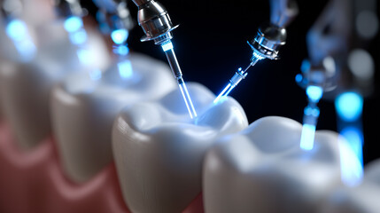 Dental nanorobots performing delicate microsurgery on gum tissue, removing diseased cells