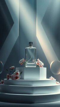 Tall, vertical beauty industry product. Elegant glass perfume bottle on dramatic surface, luxurious product photography with light shadows, high-end beauty branding concept. No label