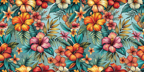 Bright floral pattern featuring vibrant hibiscus and tropical plants.