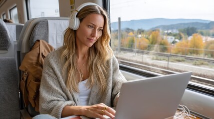 Freelancer Working on Laptop While Traveling and Replying to Emails on a Train Journey
