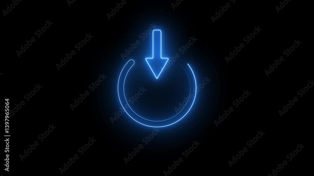 Poster blue color neon glowing power button icon animation screen turn on off switch press close stop start