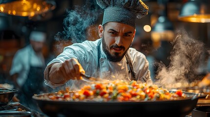 A chef expertly seasons a vibrant dish in the busy kitchen