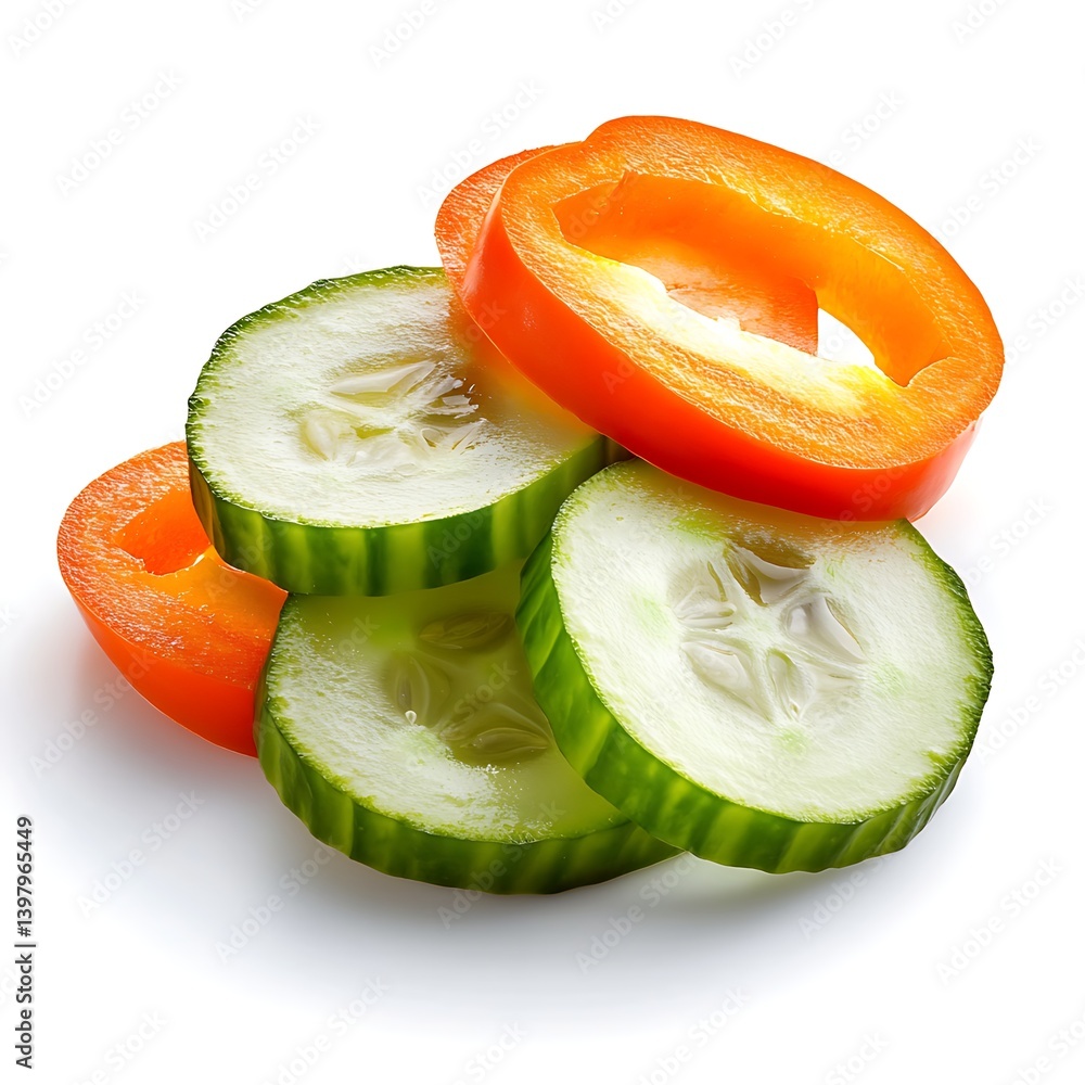 Poster fresh sliced vegetables: vibrant slices of cucumber and bell pepper create a colorful and appetizing