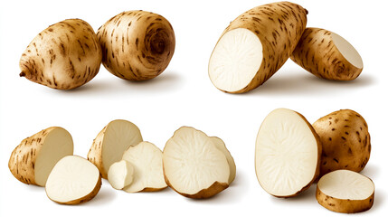 Photorealistic set of images with various types of yucca, also known as jicama or Chinese purple potato, on a white background