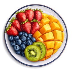 A Colorful Fusion of Flavors: A vibrant assortment of fresh fruits including juicy strawberries, sweet blueberries, ripe mango and slices of kiwi, beautifully arranged on a plate and ready to enjoy.
