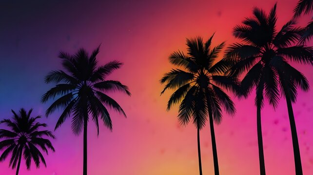 Bold black palm tree silhouettes on a neon gradient background