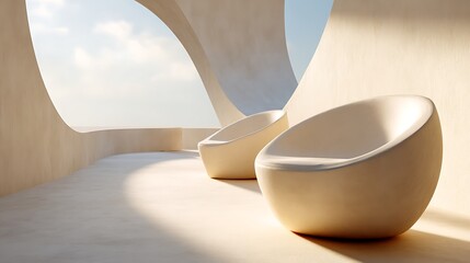 Modern architectural interior featuring minimalist curved seating in serene natural light