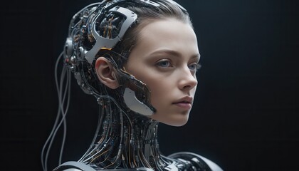 Futuristic robot woman studio digital art dark background close-up technology concept