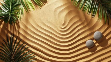 Obraz premium A sandy beach with palm trees and rocks