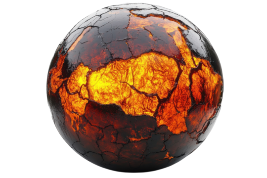 A burning, cracked Earth globe, a fiery symbol of climate change and environmental crisis, rendered in dark and amber tones.