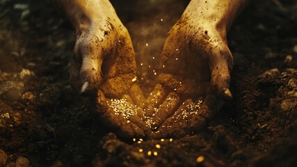 Obraz premium Dirty hands gently sowing seeds into fertile soil. Beginning of life and growth.