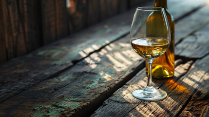 Obraz premium A glass of amber colored aged whiskey or scotch rests on an old weathered wooden table bathed in the warm inviting glow of ambient lighting The scene evokes a sense of luxury relaxation