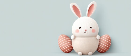 Obraz premium A cute white bunny with pink ears sits beside a colorful striped egg.