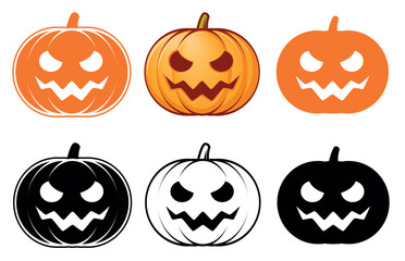 Halloween pumpkin, set of vector cartoon illustration of Jack lantern, isolated on white