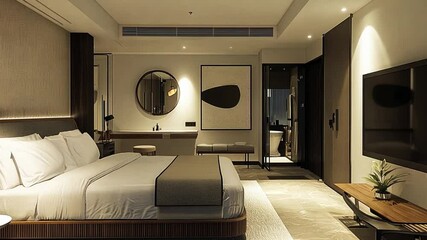 Modern hotel room featuring a spacious layout with elegant furnishings and ambient lighting