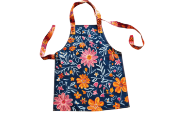 A cheerful floral apron, perfect for baking or gardening, bursting with vibrant orange and pink blossoms against a deep blue background.