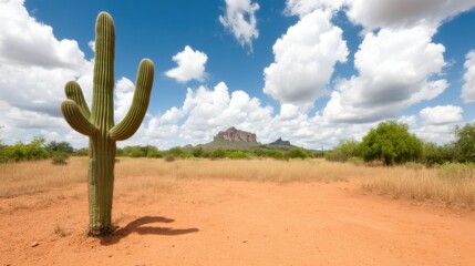 A tall cactus stands in a desert landscape beneath a bright sky filled with fluffy clouds and distant mountains.