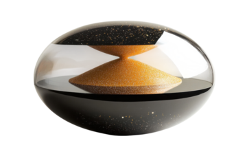 A cosmic hourglass, time suspended in elegant black and gold, glittering with stardust, encased in a smooth, clear orb.