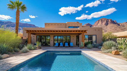 Fototapeta premium Desert Oasis Home with Pool and Mountain Views