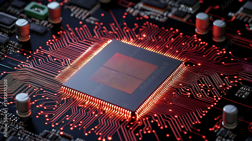 Poster close up of glowing computer chip on circuit board