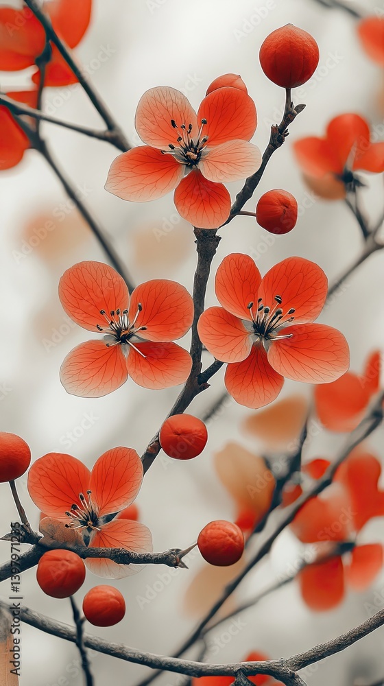 Poster close-up of delicate red flowers and small berries on branches. soft colors and shallow depth of fie