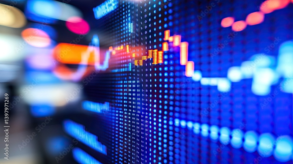 Poster a close-up of a glowing screen displaying an upward-trending, colorful graph with blurred background